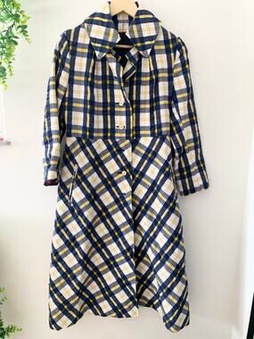 Vintage Jill Jr Union Made 1970s Trench Coat Yellow Blue Woven Union USA made